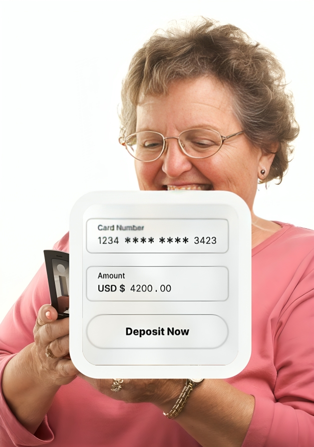 A woman making an online deposit using a card, displayed on a secure payment form
